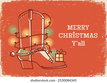 Cowboy Christmas with Cowboy boot and Christmas lights Holiday decoration on vintage old poster texture background. This design captures the spirit of country style Christmas vintage red background.