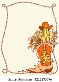 Cowboy Christmas boot and wnter holiday elements.Vector color hand drawn shoe illustration with lasso frame for text