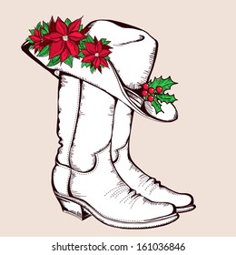 Cowboy Christmas boots and hat.Vector graphic illustration with poinsettia isolated for design
