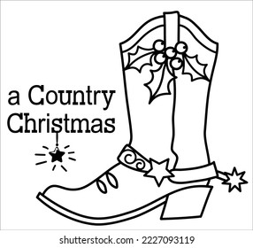 Cowboy Christmas with cowboy boots and holiday Merry Christmas text. Vector Christmas hand drawn graphic illustration with holiday decortion isolated on white for desgn.