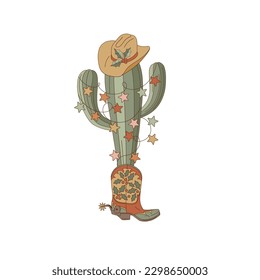 Cowboy Christmas cactus rodeo illustration isolated on white. Western Christmassy cacti clip art . Howdy Xmas festive peyote design element. 