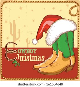 Cowboy christmas card with american boots and Santa hat.Vector illustration for design