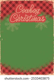 Fundo do cartão de Natal do Cowboy. Com paleta de cores vermelho e verde rústico, texto estilo corda, este cartão é perfeito para quem quer celebrar um Natal acolhedor e inspirado no país
