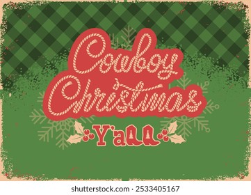 Cowboy Christmas card background. Featuring rustic red and green color palette, rope-style text, and classic cowboy boots, this card is perfect for anyone looking to celebrate a cozy