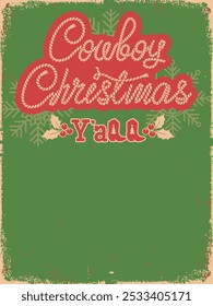 Cowboy Christmas card background. Featuring rustic red and green color palette, rope-style text, and classic cowboy boots, this card is perfect for anyone looking to celebrate a cozy