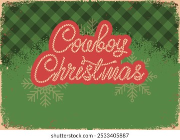 Cowboy Christmas card background. Featuring rustic red and green color palette, rope-style text, and classic cowboy boots, this card is perfect for anyone looking to celebrate a cozy