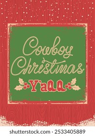 Cowboy Christmas card background. Featuring rustic red and green color palette, rope-style text, and classic cowboy boots, this card is perfect for anyone looking to celebrate a cozy