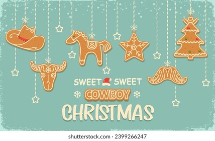 Cowboy Christmas card background with hanging christmas gingerbread cookies western style. Vector sweet biscuits on holiday snow blue background with text 