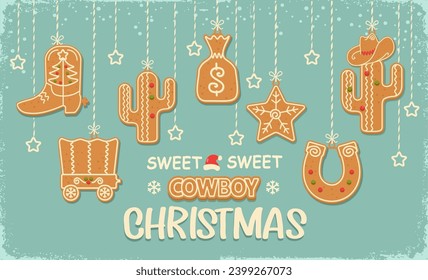 Cowboy Christmas card background with hanging christmas gingerbread cookies western style. Vector sweet biscuits on holiday snow blue background with text 