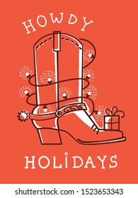 Cowboy christmas card with boot decoration. Vector red American greeting card with text