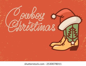 Cowboy Christmas card with Cowboy boot and rope text on vintage old poster texture background. This design captures the spirit of country style Christmas vintage red card background.