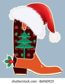 Cowboy christmas card with boot and Santa's red hat