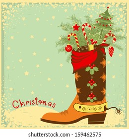 Cowboy Christmas card with boot and winter holiday elements 