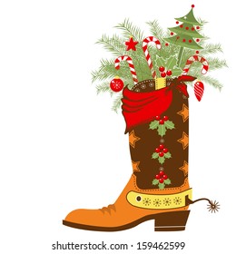 Cowboy Christmas card with boot and winter holiday elements.Vector shoe isolated on white background