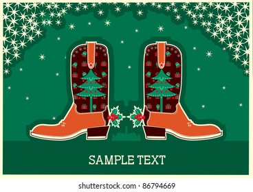 Cowboy christmas card with boots and holiday decoration