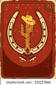 Cowboy christmas  card with cactus and winter holiday decoration for text on old paper texture
