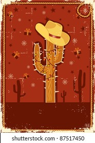 Cowboy christmas  card with cactus and winter holiday decoration for text on old paper texture