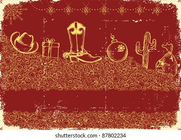 Cowboy christmas card with holiday elements and decoration on old paper texture