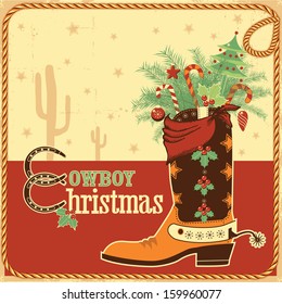 Cowboy christmas card with text and cowboy western boot.Vector illustration