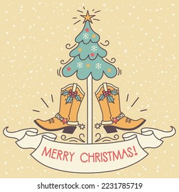 Cowboy Christmas card. Vector hand drawn illustration with Cowboy boots and Christmas tree decoration and holiday text on scroll paper isolated on white.