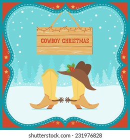 Cowboy Christmas card with western boots and hat on winter background.Vector illustration