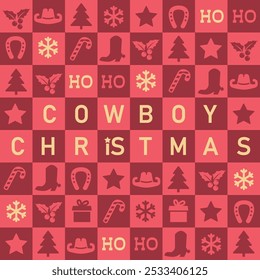 Cowboy Christmas design. Western symbols cowboy boots, hats, horseshoes, and holly berries, this festive image embodies the cozy spirit of a country Christmas