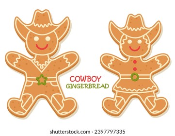 Cowboy Christmas gingerbread cookie vector clipart illustration isolated on white. Christmas gingerbread cowgirl and cowboy Howdy Western Xmas baked cookies.