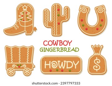 Cowboy Christmas gingerbread cookies vector clipart illustration isolated on white. Western Christmas gingerbread cowboy Howdy Western Xmas baked cookies.