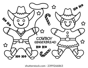 Cowboy Christmas gingerbread cookies vector clipart illustration isolated on white for coloring. Christmas gingerbread cowgirl and cowboy Howdy Western Xmas baked cookies.