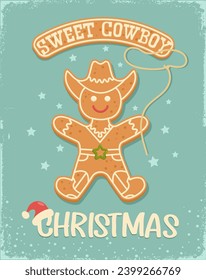 Cowboy Christmas gingerbread man cookie vintage card illustration with christmas text on old paper texture. Christmas gingerbread cowboy Howdy Western Xmas baked cookie holiday snow background.