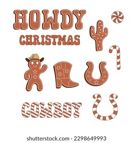 Cowboy Christmas gingerbread, peppermint candy cane illustration set isolated on white. Western Christmassy treats clip art collection. Howdy Xmas festive sweets design elements. 