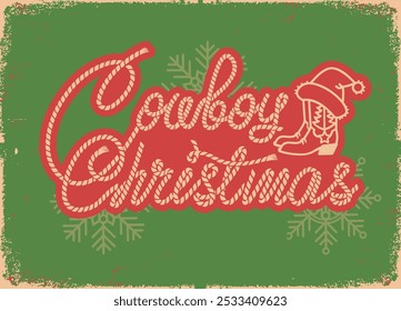 Cowboy Christmas greeting card background. Featuring rustic red and green color palette, rope-style text, and classic cowboy boots, this card is perfect for anyone looking to celebrate a cozy