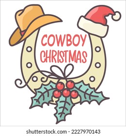 Cowboy Christmas horseshoe with holiday symbols. Vector illustration Country Christmas with cowboy hat and Santa hat isolated on white.