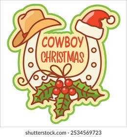 Cowboy Christmas horseshoe with holiday symbols. Santa hat, cowboy hat and holly berry decoration. Vector illustration Country Christmas with cowboy hat and Santa hat isolated on white.