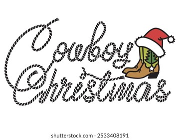 Texto de la cuerda de las Navidades del vaquero con las botas del vaquero y la decoración roja del sombrero de Santa aislada en el fondo blanco. Ilustración vectorial de Navidades occidentales para impresión o diseño. 