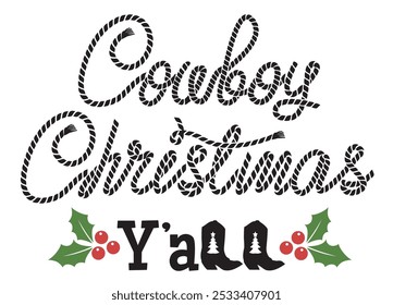 Cowboy Christmas rope Text Card with Cowboy boots and Holly berry decoration isolated on white background. Western Christmas vector illustration for print or design. 