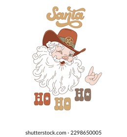 Cowboy Christmas Santa Claus rodeo illustration isolated on white. Western Christmassy Father Frost clip art . Howdy Xmas festive Ho Ho Ho design element. 