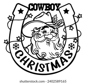 Cowboy christmas Santa and horseshoe. Vector Santa with cowboy boots and western hat sit on horseshoe decorated holly berry and hold lasso christmas text graphic outline illustration.