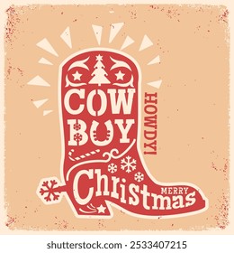 Cowboy Christmas silhouette red boot filled with festive icons like Christmas trees, snowflakes, candy canes, and a cheerful Howdy greeting, this rustic design is perfect for country holiday cards