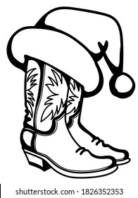 Cowboy Christmas traditional boots and Santa hat isolated on white background. Vector printable graphic illustration