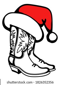 Cowboy Christmas traditional boots and Santa hat isolated on white background. Vector printable graphic illustration