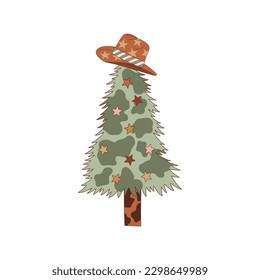 Cowboy Christmas tree illustration isolated on white. Western Christmassy spruce clip art . Howdy Xmas festive fir-tree design element. 