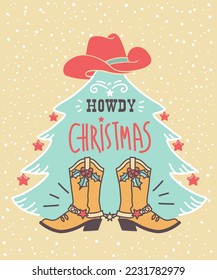 Cowboy Christmas vector card. Howdy Countryside new year background with cowboy boots and western hat and Christmas tree strars decor.