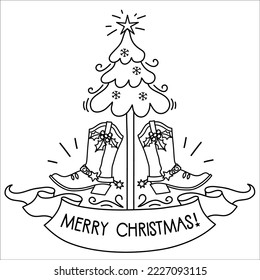 Cowboy Christmas. Vector hand drawn illustration with Cowboy boots and Christmas tree decoration and holiday text on scroll paper isolated on white.