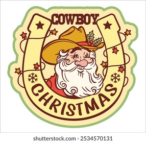 Cowboy Christmas vector holiday symbol. Santa cowboy vector illustration isolated on white. Christmas smiling Santa in cowboy hat and holly berry decoration printable