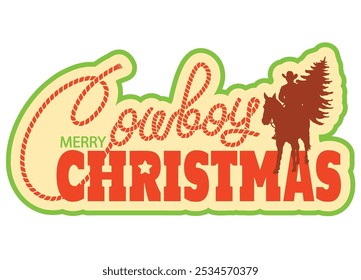 
Cowboy Christmas vector illustration. Vintage Cowboy Merry Christmas Card with Cowboy Silhouette and Text Design. A cowboy silhouette