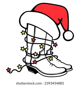 Cowboy Christmas vector printable illustration. Cowboy boots and Santa hat Christmas red yellow lights decor isolated on white for print or design.