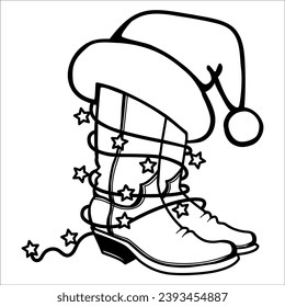 Cowboy Christmas vector printable illustration. Cowboy boots and Santa hat Christmas lights decor isolated on white for print or design.