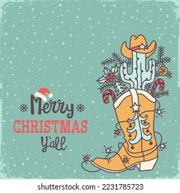 Cowboy Weihnachtskarte mit Feiertag Frohe Weihnachten Text. Vektor Cowboy Weihnachtshintergrund auf altem Papiergewebe.