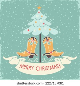 Cowboy Christmas vintage card. Vector illustration with Cowboy boots and Christmas tree decoration on old paper texture